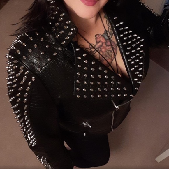 Croc Embossed Faux Leather Jacket Studded Rivet - Picture 7 of 9